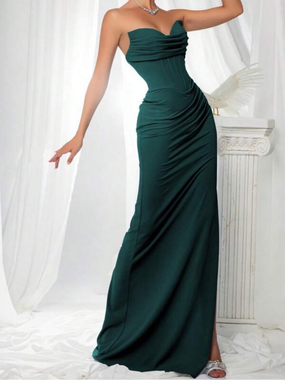 SHEIN Strapless Emerald Green Ruched Evening Gown